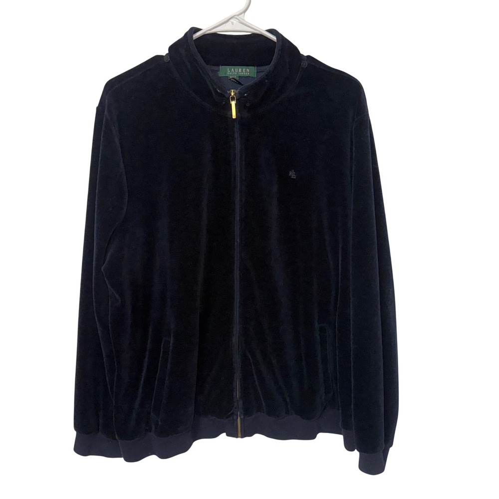 Lauren Ralph Lauren Black Velour Full Zip Track Jacket Womens XL y2k bomber